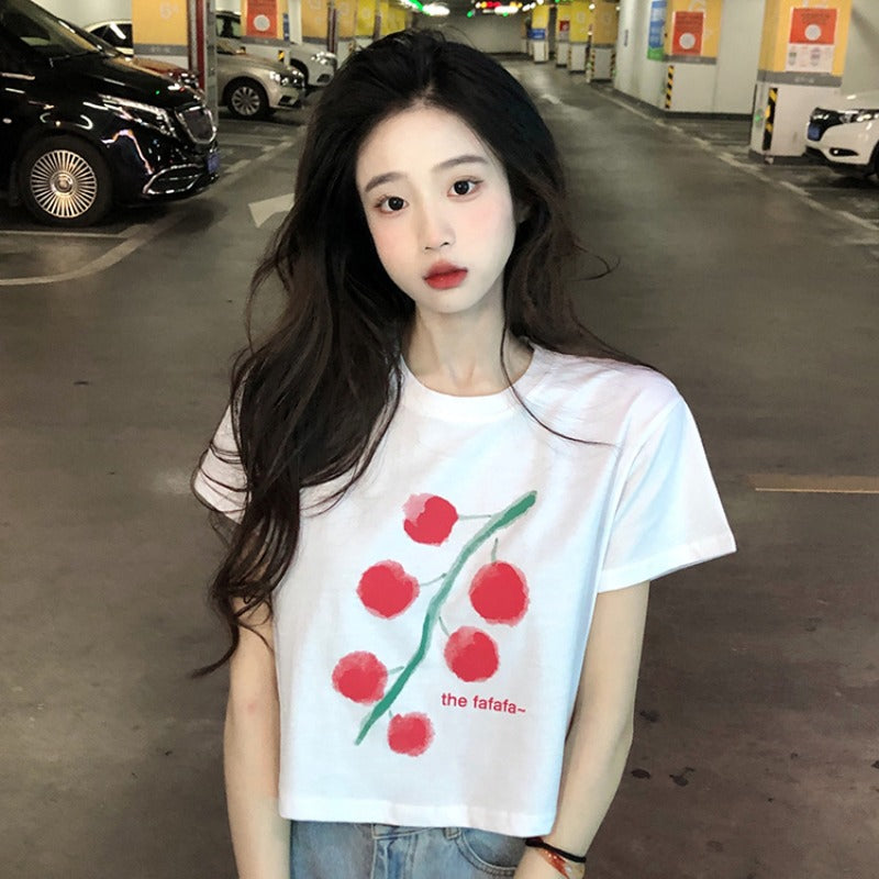 T-shirt corta da donna con stampa di ciliegie carine