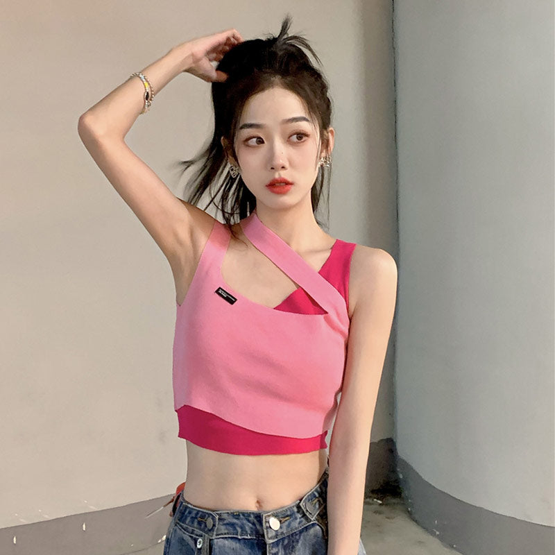 Women's Korean Style Contrast Color Irregular Shoulder Strap Knitted Tank Top