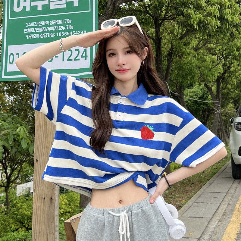 Women's Korean Fashion Strawberry Stripe Short Sleeved Polo Shirt