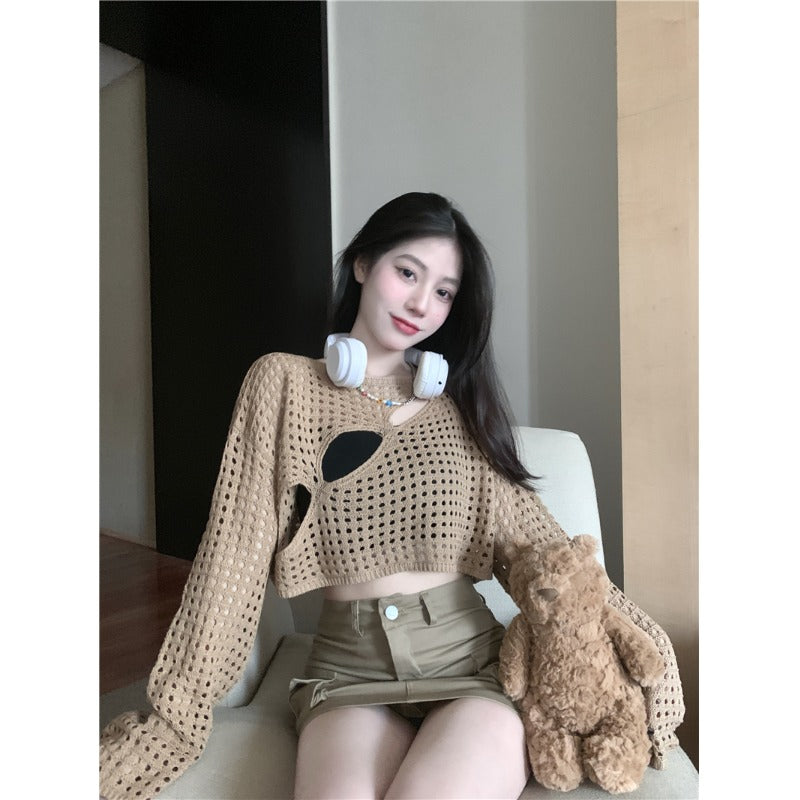 Haut court tricoté à découpes de style coréen pour femmes