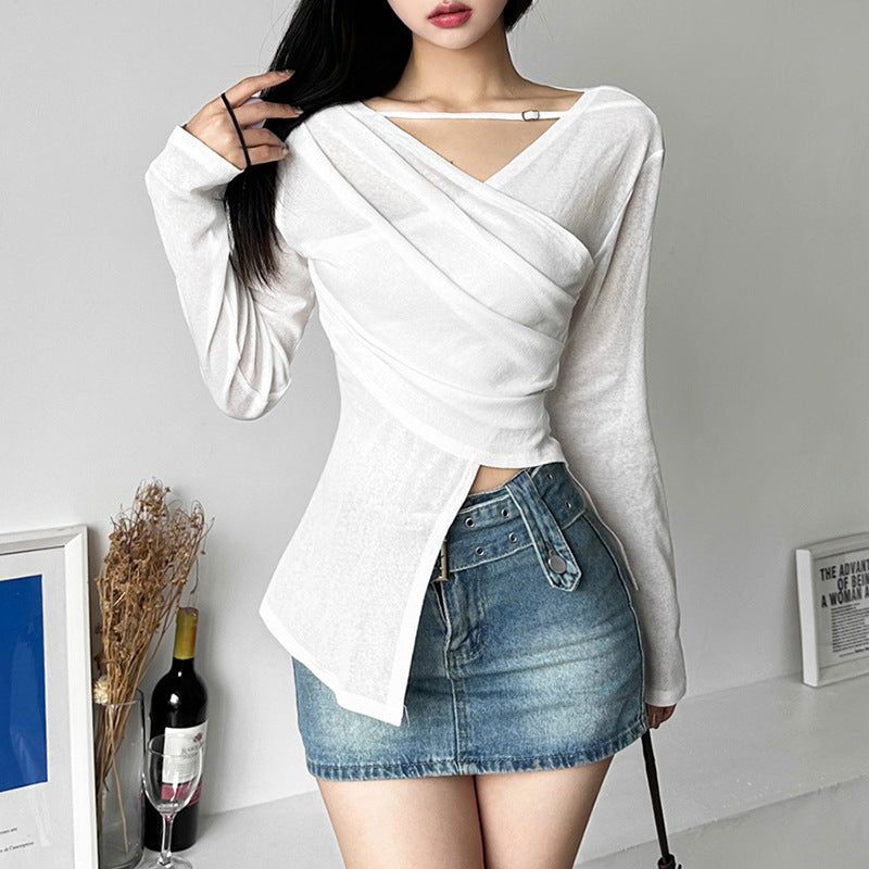 Camisa de manga larga con volantes y cuello en V de estilo coreano para mujer