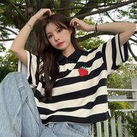 レディース韓国ファッションストロベリーストライプ半袖ポロシャツ