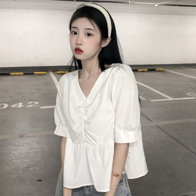 レディース韓国ファッション Vネックパフスリーブシャツ