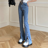 Женские джинсы Kawaii с завышенной талией и расклешенным низом