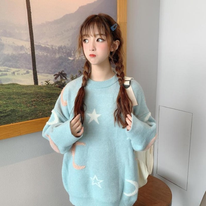 Star Printed Knitted Sweater - Kawaiifashion