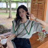 Women's Korean Fashion Peter Pan Contrast Color Polo Shirt