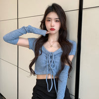 Women's Kawaii Strappy Knitted Shirt with Oversleeves