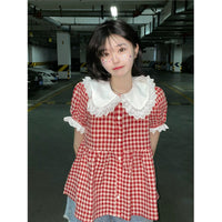 Women's Japanese Fashion Lace Collar Red Plaid Doll Shirt