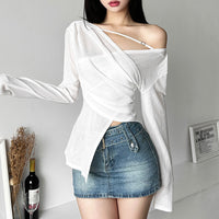 Camisa de manga larga con volantes y cuello en V de estilo coreano para mujer