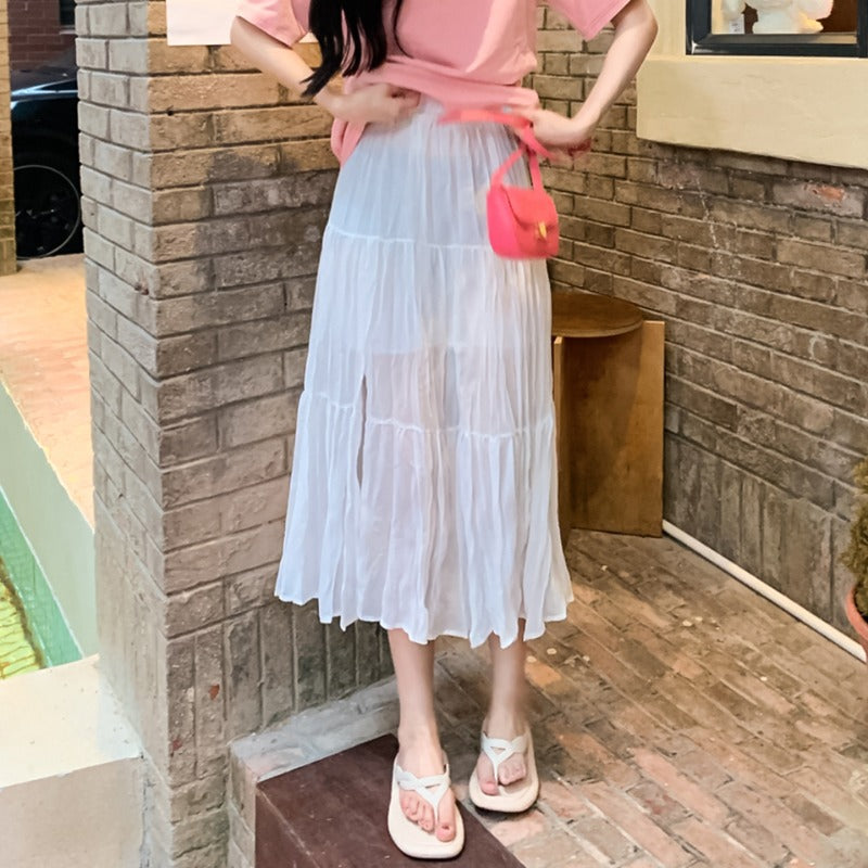 Women's Korean Fashion Side Slit Sheer Maxi Skirt