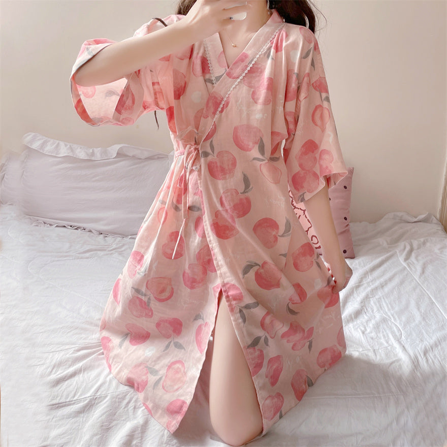Abito kimono con allacciatura color pesca Kawaii da donna