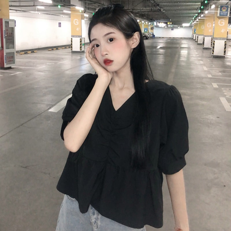 レディース韓国ファッション Vネックパフスリーブシャツ