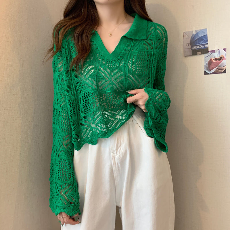 Women's Cute Turn-down Collar Cutout Knitted Shirt