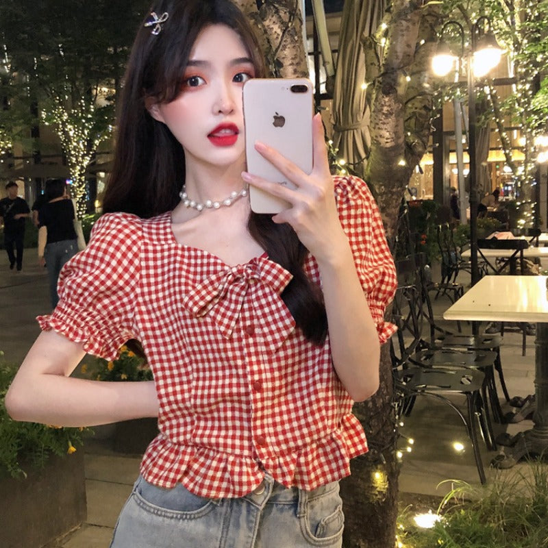 Women's Korean Fashion Square Collar Red Plaid Shirt with Bowknot