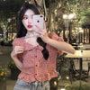 Women's Korean Fashion Square Collar Red Plaid Shirt with Bowknot
