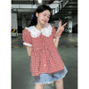 Women's Japanese Fashion Lace Collar Red Plaid Doll Shirt