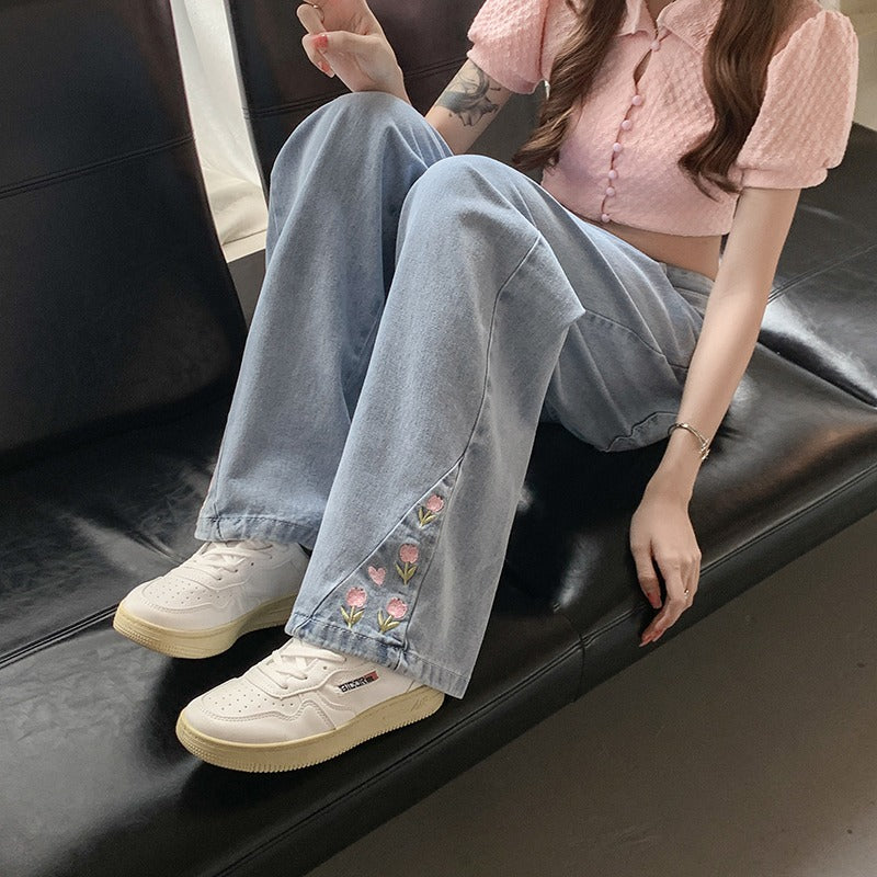 Women's Kawaii Floral Embroidered Straight Jeans