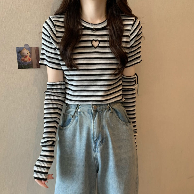 Women's Cute Cutout Striped Shirt with Oversleeves