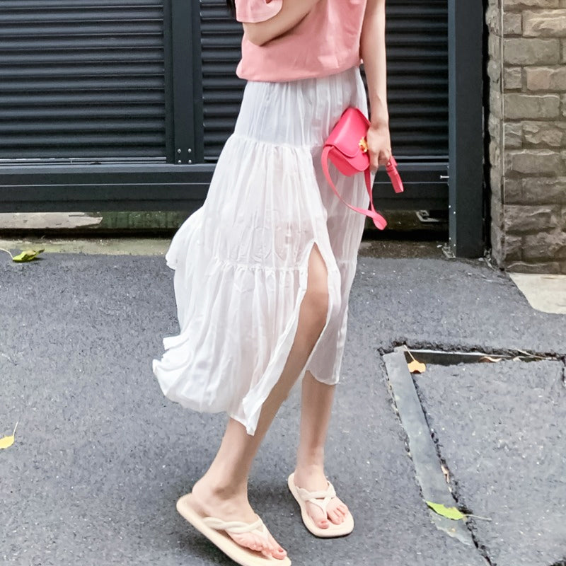 Women's Korean Fashion Side Slit Sheer Maxi Skirt