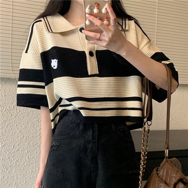 Women's Cute Turn-down Collar Striped Knitted T-shirt