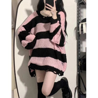 Women's Korean Style Ripped Striped Sweater