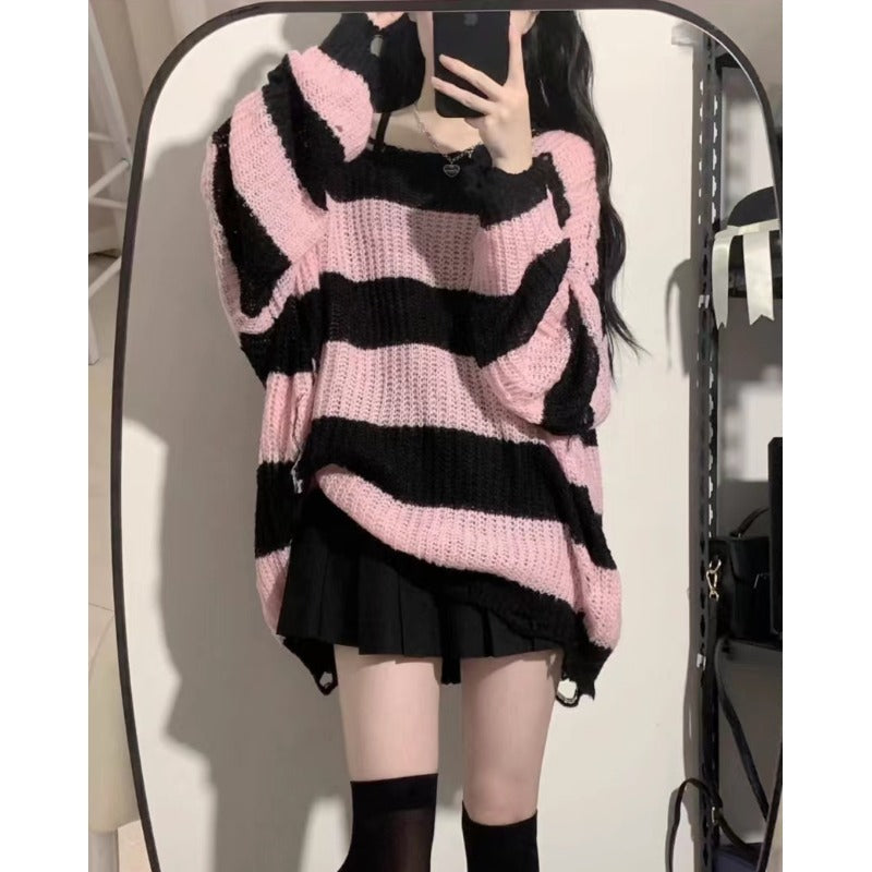 Women's Korean Style Ripped Striped Sweater