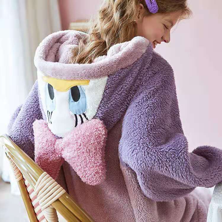 Pyjama d'hiver en laine de couleur contrastée Kawaii pour femmes avec nœud papillon