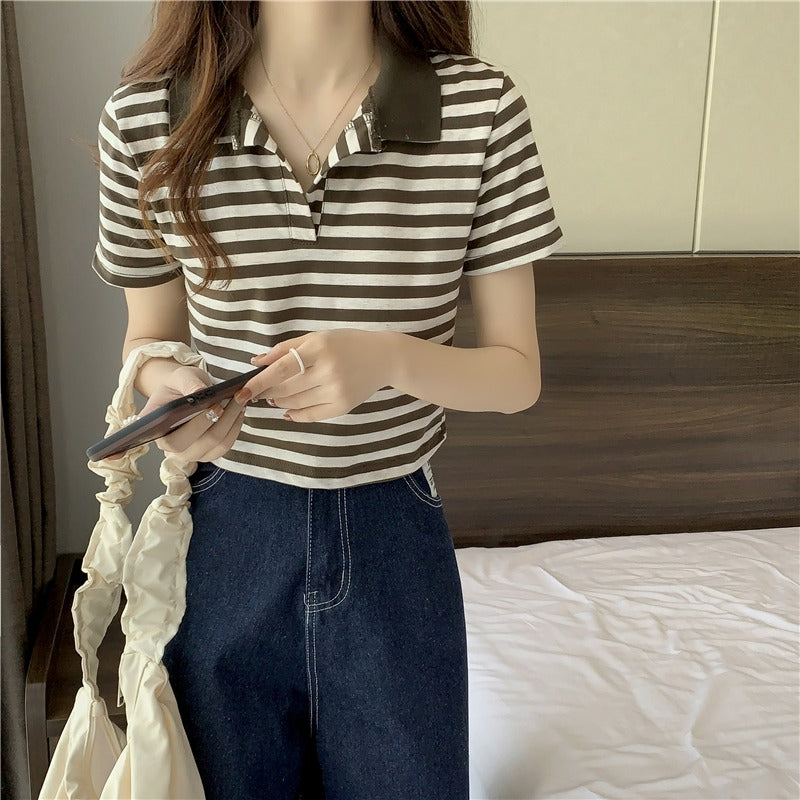 レディース韓国ファッションピンストライプショートポロシャツ