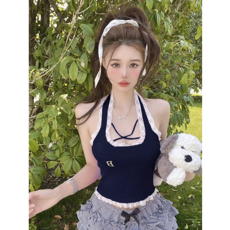 Camiseta sin mangas con cuello halter y dobladillo de encaje estilo coreano para mujer
