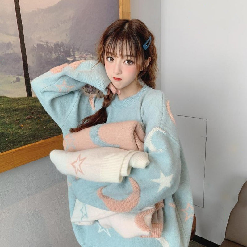 Star Printed Knitted Sweater - Kawaiifashion