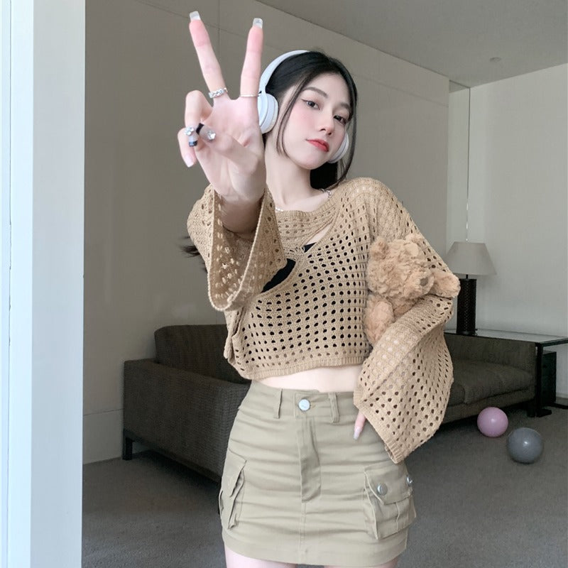 Haut court tricoté à découpes de style coréen pour femmes