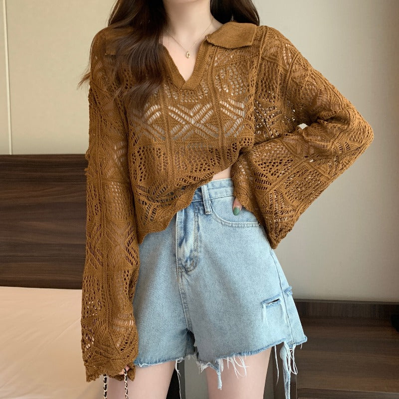 Women's Cute Turn-down Collar Cutout Knitted Shirt