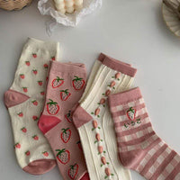 Kawaiifashion As Picture Women's Kawaii Strawberry Floral Plaid Stockings(set of 4)