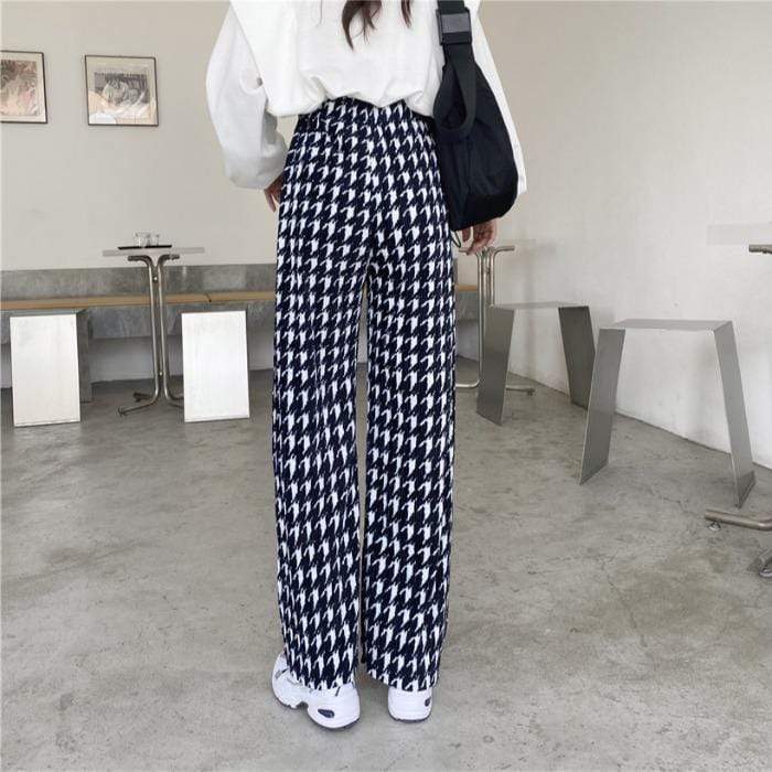 Kawaiifashion As Picture Women's Vintage Houndstooth Printed Straight Pants