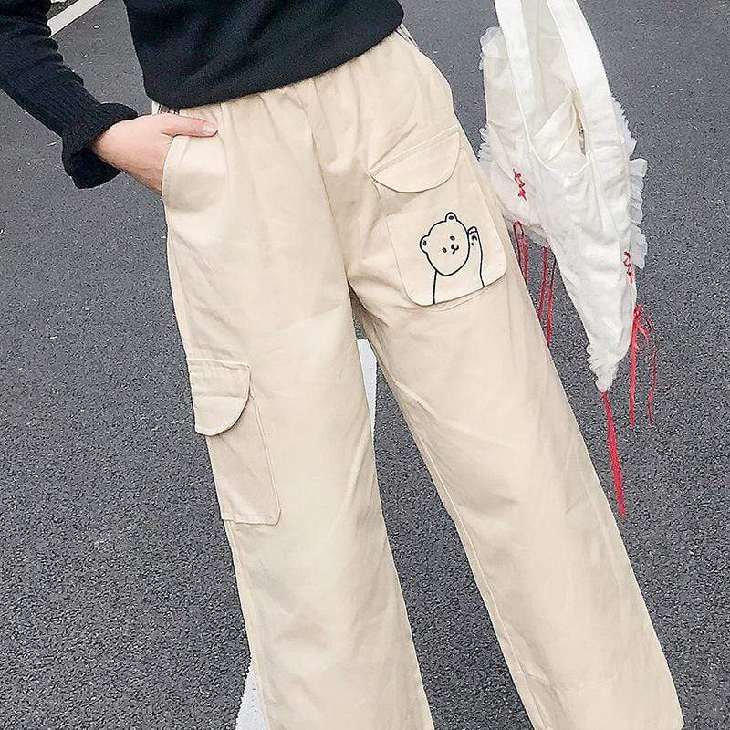 Pantalones rectos con bordado de oso - Kawaiifashion