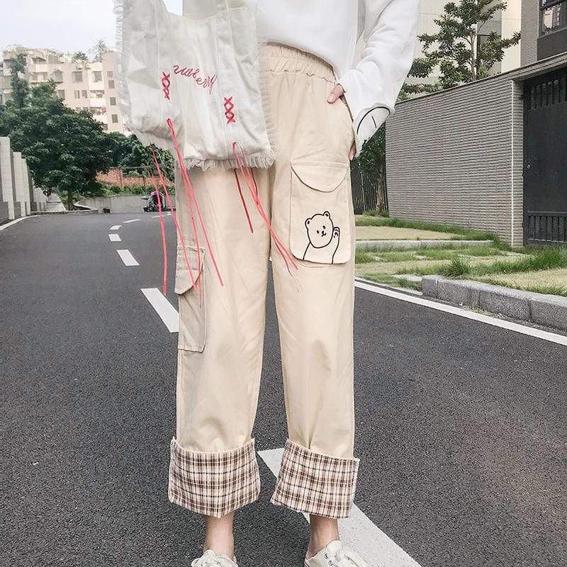 Pantalones rectos con bordado de oso - Kawaiifashion