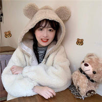 Cappotto in lana d'agnello con cappuccio con orecchie d'orso - Kawaiifashion
