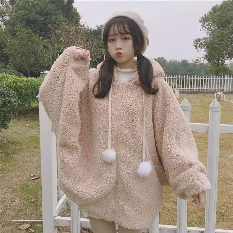 Cappotto di lana con cappuccio e maniche a sbuffo coniglietto - Kawaiifashion