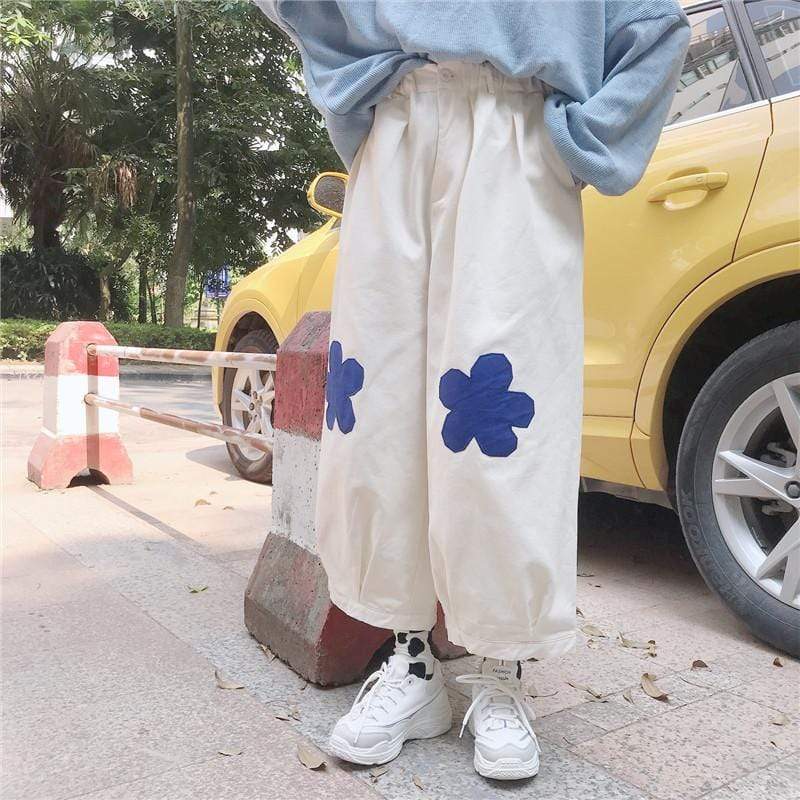 Pantalones sueltos con estampado de flores - Kawaiifashion