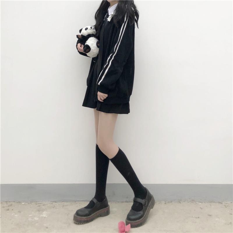 Kawaiifashion noir femmes mode coréenne Constrast couleur bande lâche manteaux de sport