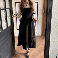 Kawaiifashion noir femmes Vintage contraste couleur Falbala col en V robes trapèze
