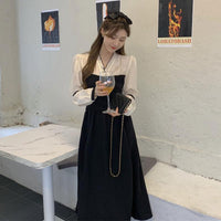 Kawaiifashion negro Falbala de color de contraste vintage para mujer con cuello en V y una línea de vestidos