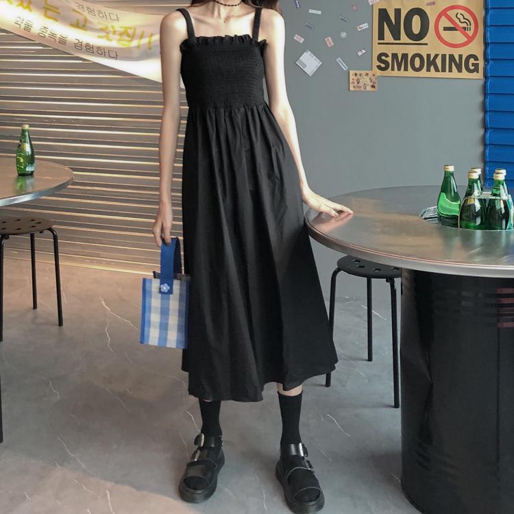 Kawaiifashion schwarze Damen-Slip-Kleider im Vintage-Stil mit Rüschen, Schwarz