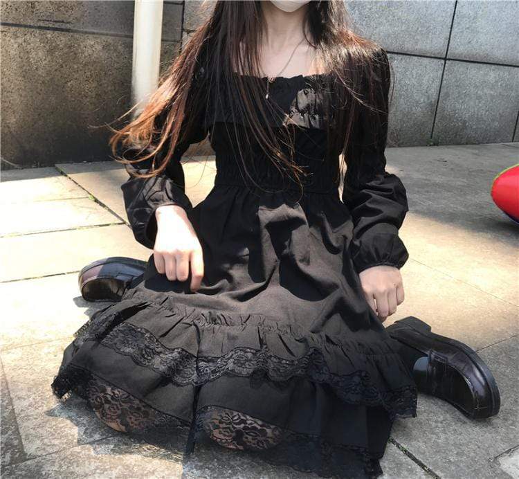 Kawaiifashion noir femmes Vintage col carré taille haute robes de couleur pure