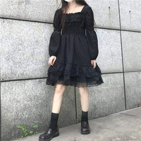 Kawaiifashion черные женские винтажные платья с квадратным вырезом и высокой талией Pure Color