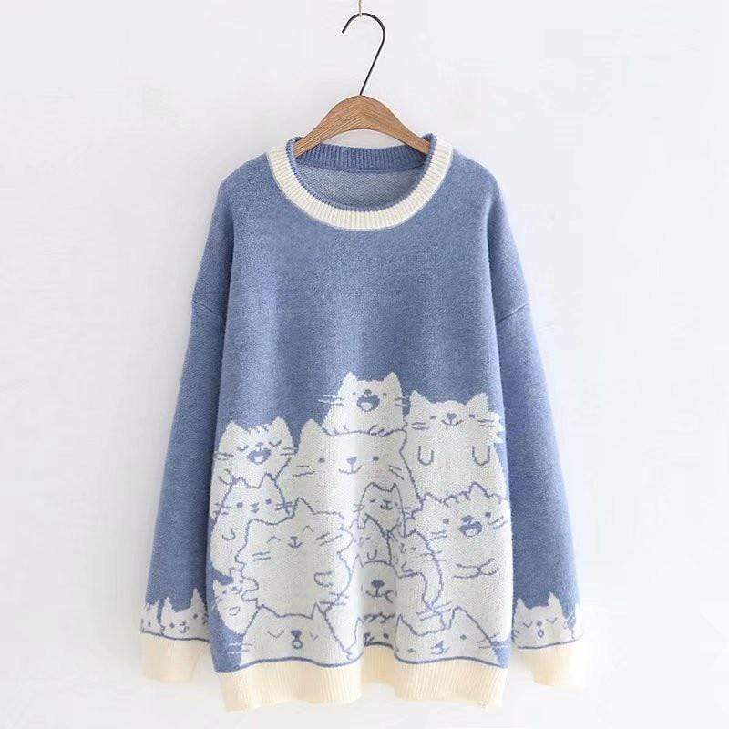 Kawaiifashion suéteres sueltos de gatos de color de contraste Kawaii de color azul para mujer