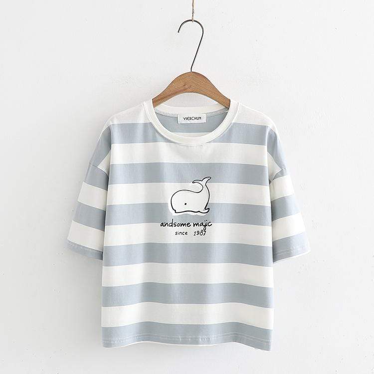 Kawaiifashion - Camisetas con estampado de ballena a rayas de color dulce en contraste para mujer