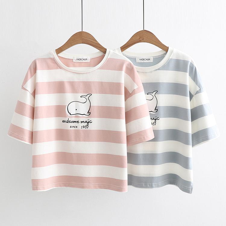 Kawaiifashion - Camisetas con estampado de ballena a rayas de color dulce en contraste para mujer