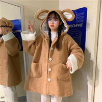 Cappotto di lana monopetto con cappuccio orecchini coniglietto - Kawaiifashion