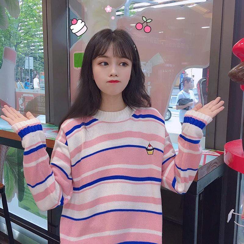 Candy Contrast Color Stripes Knitted Tops - Kawaiifashion